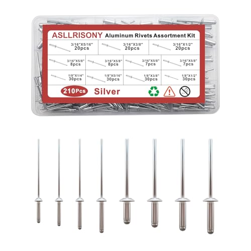 Image of 210Pcs Silver 3 /16 Inches,1 /8 Inches Pop Rivets Assortment Kit, 8 Sizes Aluminum Rivets,Aluminum blind rivets for metal Dome Head rivet kit