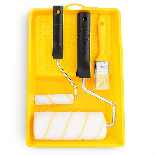 BILBAU Set de rodillos de pintura con bandeja de pintura y brocha para pintar paredes y vallas, el set incluye, bandeja de pintura, dos rodillos poliacrílicos y brocha