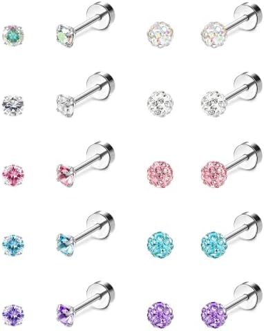 Diamday 10Pairs 18G Stud Earrings for Women Stainless Steel Flat Back Earrings Tragus Cartilage Piercing Ear Multipack Cubic Zirconia Hypoallergenic Earrings Set