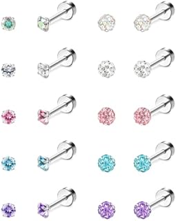 Diamday 10Pairs 18G Stud Earrings for Women Stainless Steel Flat Back Earrings Tragus Cartilage Piercing Ear Multipack Cubic Zirconia Hypoallergenic Earrings Set
