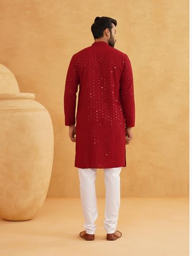Image of SOJANYA Men's Cotton Kurta Pyjama Set | Sequinned Embroidered Traditional Outfit for Navratri, Garba & Puja
