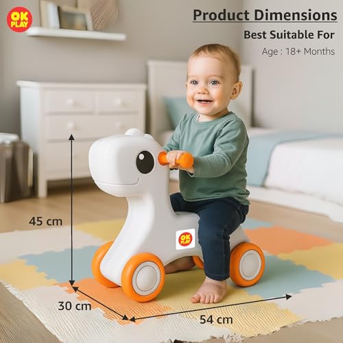 Image of OK PLAY Pony Ride On Push On for Kids | Backrest | Easy Grip | Anti Skid | Four Wheel Ride | Baby Ride On | Indoors and Outdoors Games | Light-Weight | Durable | Small | Orange & Ivory | 1 Years+