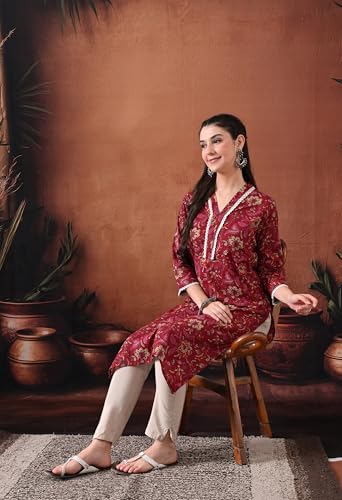 Image of Ichaa Women's Pure Cotton A-Line Ethnic V-Neck Kurta with 3 /4th Sleeve for Daily and Office Wear, in Plus Sizes