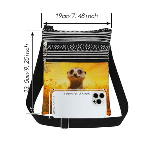 Meerkat Print Women Crossbody Bag Golden Floral Print Adjustable Shoulder Strap Messenger Bag for Adult Nature Lover Birthday Gift for Friend Sister Men2