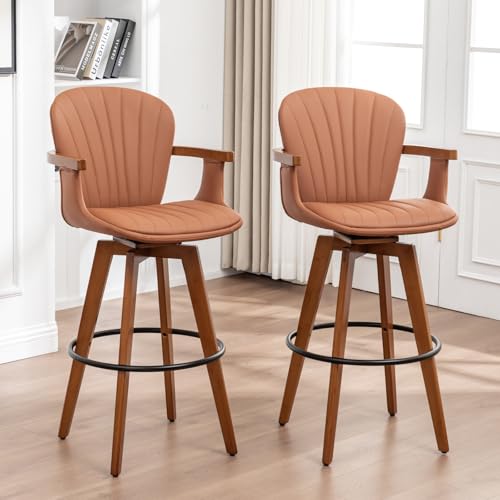 Image of LUNLING 30 inch Bar Height Stools Set of 2,Mid Century Modern Bar Stools,Brown PU Leather Kitchen Island Stools,Wood High Barstools Swivel with Back and Arms for Home Bar Furniture