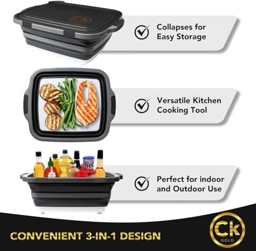 CK GOLD New XL Collapsible BBQ Prep Tub with LOCKING Lid, Cutting Board & Drain Hole | BPA-Free, Food-Grade, Space-Saving Marinating Container for Grilling, Kitchen & Outdoor Cooking (Black, 30 L) by CK GOLD - Image 7