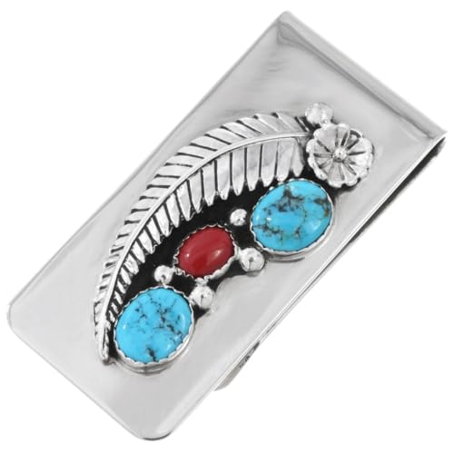 Native American Turquoise Coral Silver Money Clip Sterling Navajo Design on German Silver 3767
