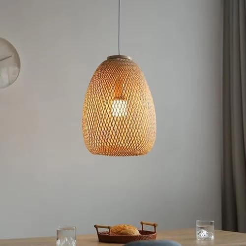 Image of Boho Woven Rattan Oval Basket Pendant Light | Decorative Wooden Oval Hanging Lamp for Dining, Cafe & Living Room Decor