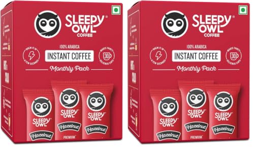 Image of Sleepy Owl Hazelnut Flavour 100% Arabica Coffee Sachets | 60g - Pack of 60 x 2g Instant Coffee Powder Sachets | Nutty & Bold | Travel Friendly
