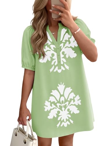 Image of Wenrine Womens Puff Short Sleeve Mini Dress Summer Floral Print Button V Neck Loose Casual Shift Dresses with Pockets