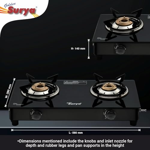 Image of Golden Surya 2 Burner Toughened Glass Gas Stove | Manual Ignition | ISI Certified | LPG Compatible | 18 Months Warranty