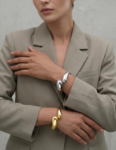 Image of Chunky Gold Bangle Bracelets for Women, Dainty 14k Gold Plated Big Stackable Bangles Set, Trendy Statement Cuff Bracelet Stack Fashion Jewelry Gifts