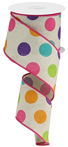 Multi Polka Dots On Canvas Wired Edge Ribbon, 10 Yards (Light Natural, Pink, 2.5 Inch) #TOP24