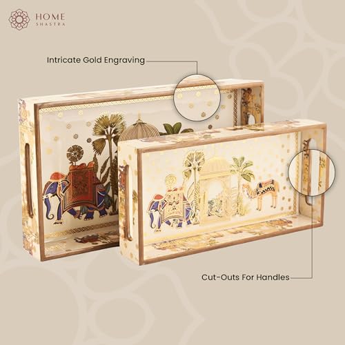 Image of Wooden Serving Tray with Gold Engraving | Set of 2 | Size : 14 x 8 inch & 12 x 6 inch | Enamel Coated Waterproof | Rectangular | Decorative Trays | Royal Camel Medium & Small