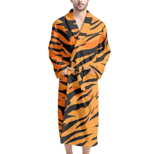AFPANQZ Herren-Bademantel mit Taschen, volle Länge, Nachtwäsche, langärmelig, leicht, Pyjama, Schal, Robe, Waffelmuster, Nachthemd, groß und groß, Tigerhaut, One Size