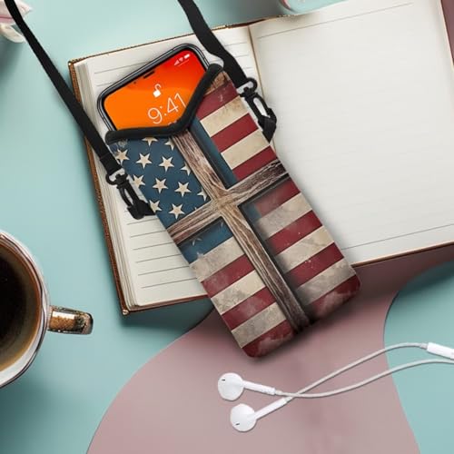 Image of Small Cell Phone Crossbody Bag for Women Men Waterproof Neoprene Phone Bag Purse with Shoulder Strap Multifunctional Travel Bag for Cellphone, Keys, Lipstick, American Flag Cross Pattern