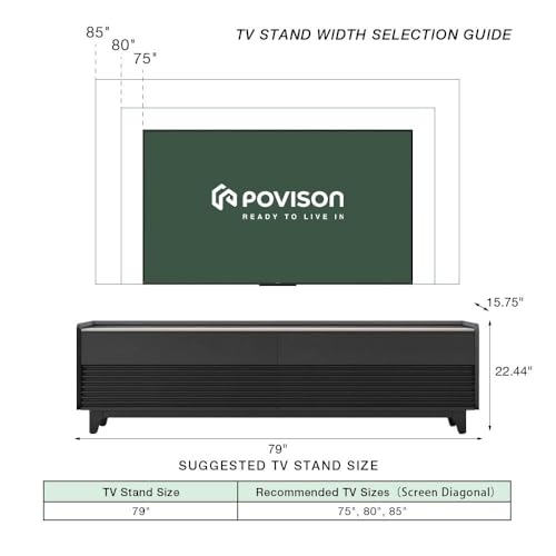 Image of POVISON Fully-Assembled Mid Century Glossy Sintered Stone Tabletop TV Stand with Legs, Wood Media Console with Adjustable LED Light for 75-inch TVs, Entertainment Center with Storage for Living Room