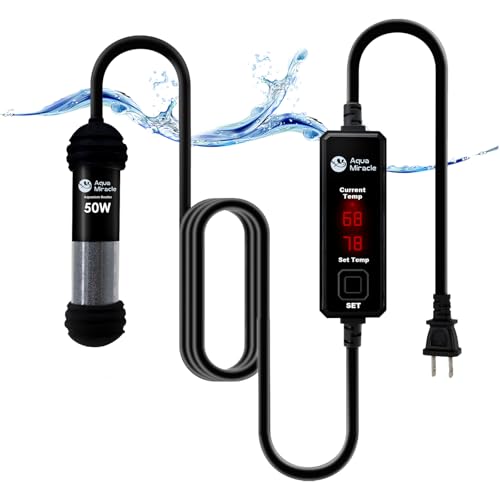 AquaMiracle Upgraded 50W Small Aquarium Heater Fish Tank Heater Turtle Heater Super Mini Aquarium Heater, Dry-Run/Overheating Protection and Memory Fu