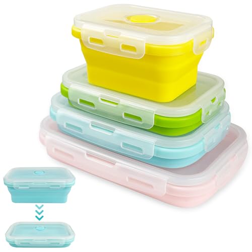 Contenitore pieghevole per il pranzo, 4 pezzi, contenitore per alimenti freschi, con coperchio, riutilizzabile, pieghevole, per casa, camper, campeggio, escursioni, picnic, travel, scuola (blu/verde