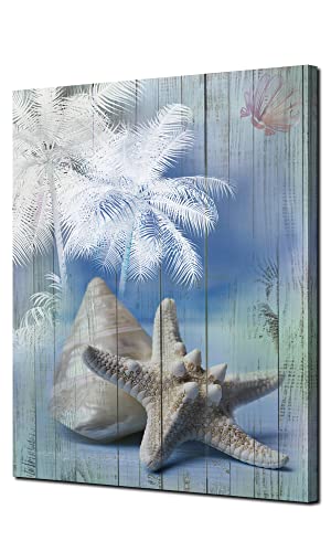 Bathroom Blue Ocean Summer Picture Nursery Canvas Wall Art Palm Tree Coastal Conch Seashell Painting Starfish Modern Artwork Framed For Bedroom Living Room Home Office Wall Decor 12"X16" #TOP11