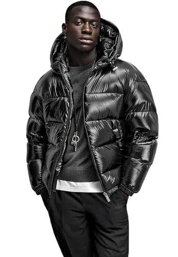 REPUBLIX Herren Glanz Puffer Winter Jacke für Männer mit Kapuze RJ-8027 Schwarz S