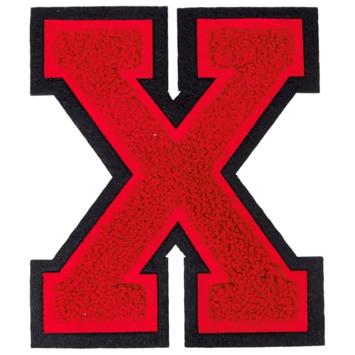 1 PCS 6 Inch Red Chenille Letters Patches - Iron On Varsity Alphabet, Large Letters for Clothing, Backpacks, Hats, Jeans with Black Border (X)