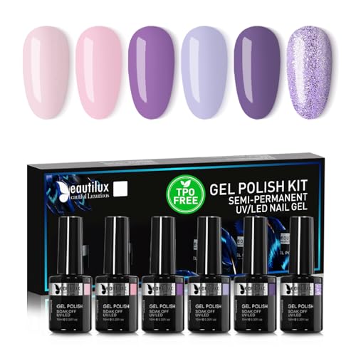BeautiluxGel Nagellack Semipermanent TPO&HEMA Frei Lila TPO-Frei, 6 Farben 10ml Soak Off HEMA-FREE Gel Nagellack Set für Home-Maniküre Nail Art Maniküre (YT-13)