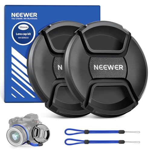Kit de tapas para lente NEEWER de 58 mm (2 unidades), con correa anti-pérdida y paño de limpieza, compatible con lentes de cámaras Canon, Nikon, Sony, Fujifilm y Panasonic miniatura 1