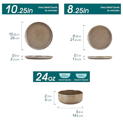 Image of vancasso PLAYA Plates and Bowls Sets, 18 Pieces Dark Brown Dinnerware Sets for Kitchen, Reactive Glaze Dishes Set for 6, Dishwasher and Microwave Safe