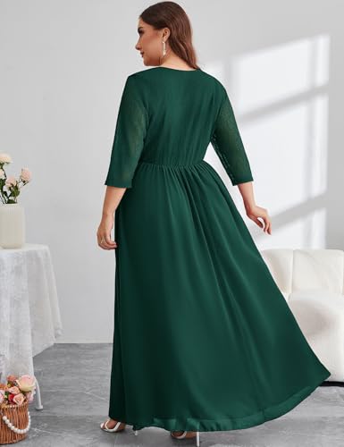 Image of ZOMVA Plus Size Maxi Formal Dress Lace Chiffon Floral V-Neck Wrap Wedding Guest Evening Gown Cocktail Prom 3 /4 Sleeves