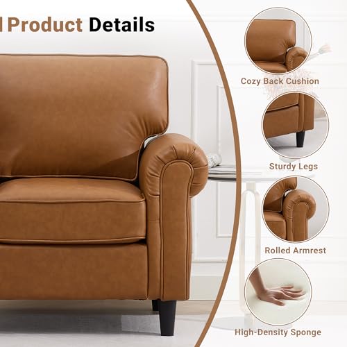 Image of Kingfun Faux Leather 3 Seater Couch, Mid Century Modern Sofa with Rolled Arms and Deep Seats, Fluffy Comfort for Living Room, Apartment, Easy Assembly, Brown