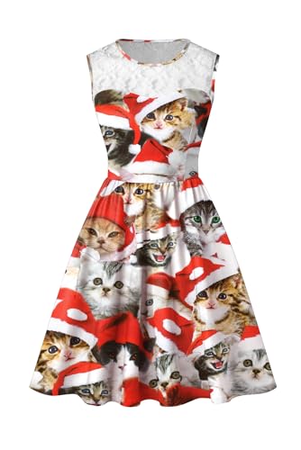 BesserBay Weihnachten Damen Kleid Ärmellos Cocktailkleid Spitzenkleid Party Swing Druck Weihnachtskleid XL