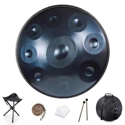 Tambur Handpan 22 Cale Profesjonalny Stal Nierdzewna，9/10/12 Nut D Moll，Strojenie 440Hz，Torba Stół & Palce，Występ Medytacja Joga(Blue,9)
