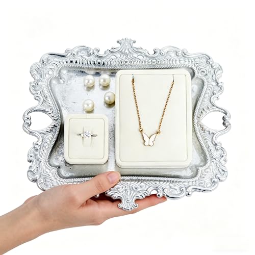 Image of Funly mee 8 x 7 inches Antique Trinket Dish Vintage Jewelry Tray, Ring Holder (Sliver, M)