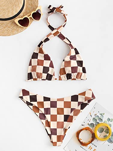 Image of ZAFUL Womens Printed Triangle Bikinis 2 Piece Halter Bikini Sets High Cut Bathing Suit Side Tie Swimsuits