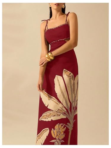 Image of SOLY HUX Women's Summer Maxi Dress Boho Print Tie Shoulder Spaghetti Strap Cut Out Tie Back Cami Dresses Sundress