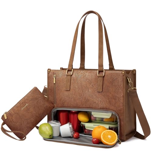 LOVEVOOK Lunch Tote Bag for Women, 15.6 Inch Laptop Bag with Insulated Lunch Compartment, Quilted Large Capacity Computer Handbag with Purse for Business, Work, Office, Casual, Yellowish brown