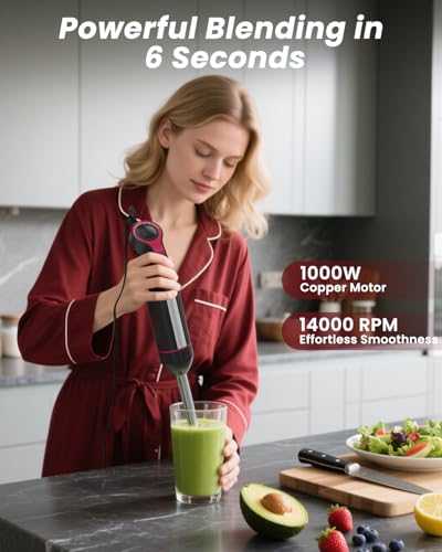 Immersion Blender Handheld 1000W, 3 in 1 Stick Hand Blenders for Kitchen with 20 Variable Speeds & Turbo, 304 Stainless Steel with Electric Whisk & Milk Frother Attachments for Soup, Puree & Emulsion image 3