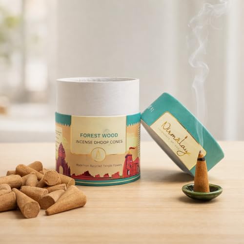 Image of Nirmalaya Premium Forestwood Dhoop Cones | 60 Bambooless Incense Cones with Stand | Made from Sacred Flowers | Charcoal Free Cones | 25 Min Burn Time for Pooja & Meditation