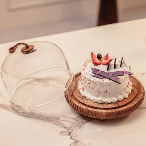 Image of Dessert Deck acacia Wood Cake Stand with Glass Dome | Round Wooden Cake Stand | Serving Plate for Wedding Birthday Parties | Pastry Display