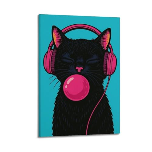 Poster de chat noir cool déco murale retro toile vintage salon et chambre cadre 40 x 60