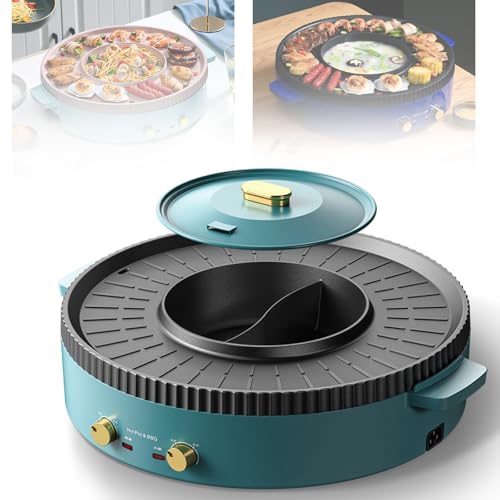Electric Indoor Grill and Hot Pot Combo, Non-Stick Baking Pan with Dual Temperature Control, Smokeless Searing Grill for 2-6 People