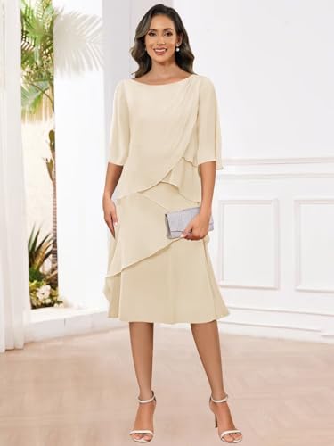 Chiffon Mother of The Bride Dresses Tea Length Short Sleeves 2025 for Women Ruffle Formal Dress2