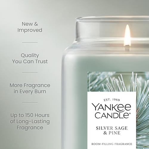 Yankee Candle Large Jar Scented Candle with up to 150 Hour Burn Time, Premium Plant Wax Blend for Consistent Burn, 22 oz Jar Candle with Room Filling Fragrance, Silver Sage & Pine