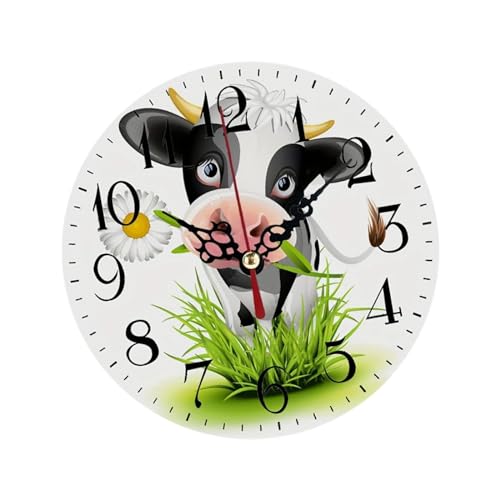 Sharplace Horloge Murale Ronde en Bois avec Motif de Vache, décoration décorative pour Cuisine et Salon, Polyvalente, 25 cm 10 Pouces