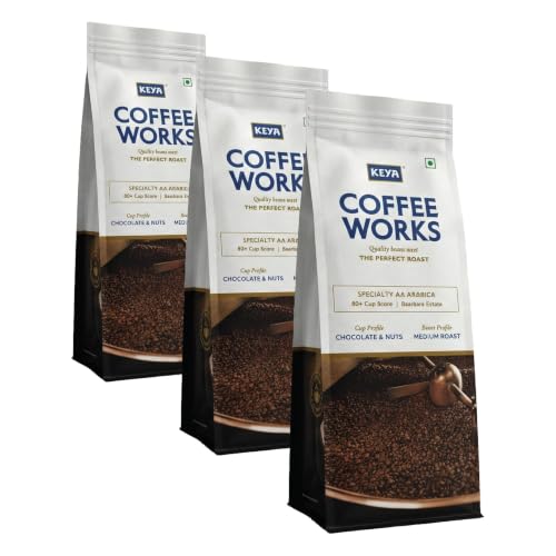 Image of Keya Coffee Works Roasted Bean Bag Coffee 200g | Medium Roast | Single-Origin Baarbara Estate Chikmagalur |Specialty AA Grade Arabica | Freshly Roasted for Rich Aroma & Balanced Flavor (Pack of 3)