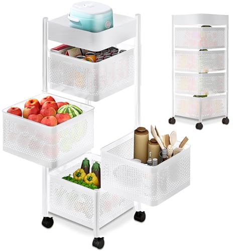 JUPPLIES Carrito Auxiliar con Ruedas - Cesta de Almacenamiento Ahorra Espacio 4 Niveles - Carrito Cocina Giratorio - Estante Cocina, Baño, Estante para Frutas, Verduras, Utensilios - Metalico (Blanco)