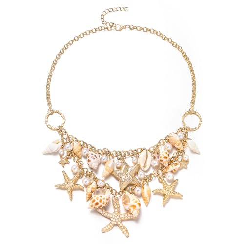 BriLove Bohemian Boho Handmade Simulated Pearls Natural Sea Shell Starfish Layered Collar Necklace for Women Summer Beach Accessories