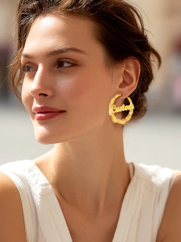 Custom4U Bamboo Hoop Earrings for Women Gold/Silver/Black Large Name Earrings Personalized - Hypoallergenic Lightweight Big Thick Hoops 30/40/50/60/70/80mm - Custom Made Birthday Christmas Gifts2