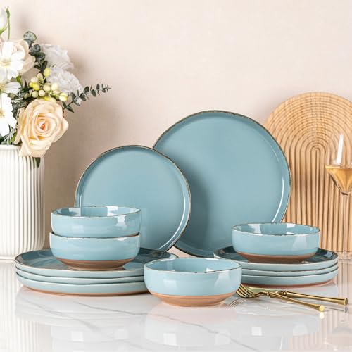 Image of AmorArc Ceramic Dinnerware Sets for 4, 12 Pieces Handpainted Plates and Bowls Set with Rustic Terracotta Underside, Scratch Resistant Stoneware Dishes Set, Dishwasher & Microwave Safe